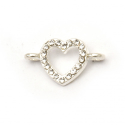 Fastener metal zinc alloy heart with small crystals 18x10x4 mm hole 1.5 mm color white - 2 pieces