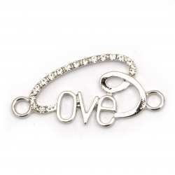 Fastener metal zinc alloy with crystals and label "Love" 41x20x3 mm hole 3 mm color silver