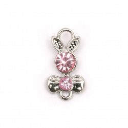 Metal connecting bead, zinc alloy rabbit with pink crystals 22x12x5 mm hole 1 mm color silver - 2 pieces
