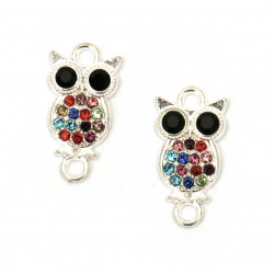 Metal Connector Bead with Crystals / Owl, 21x11x3 mm, Hole: 2 mm, Silver / Mixed Crystals - 2 pieces