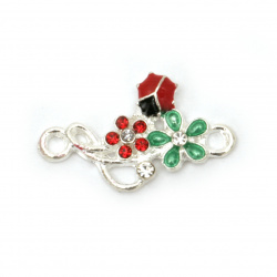 Spring Connecting Element with Crystals / Flowers with Ladybug, 23x14x3 mm, Hole: 2 mm, Silver - 2 pieces