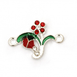 Metal Colored Link Element with Crystals / Flower with Ladybug, 24x17x3 mm, Hole: 2 mm, Silver - 2 pieces