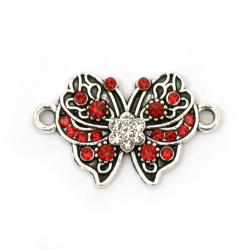 Metal Connector Bead with Crystals / Butterfly, 25x15x3 mm, Hole: 2 mm, Silver Color - 2 pieces