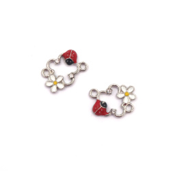 Metal Link Charm with Crystals /  Flower with Ladybug, 19x13x4 mm, Hole: 2 mm, Silver - 2 pieces