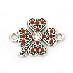 Metal Clover with Colored Crystals / Connector Bead for Jewelry Design, 21x15x3 mm, Hole: 2 mm, Silver - 2 pieces