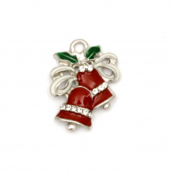Metal pendant with crystals Christmas bells 20x15x3 mm hole 1.5 mm color silver -2 pieces