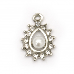 Metal pendant tear drop with pearl inside and  crystals around 20x14x6.5 mm hole 2 mm color silver - 2 pieces