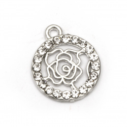 Round metal pendant with rose in the core and tiny crystals around 20x16x2 mm hole 2 mm color silver - 5 pieces
