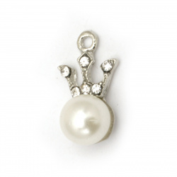Metal crown shape charm with crystals and withe pearl 17.5x9.5x8.5 mm hole 2 mm color silver - 2 pieces
