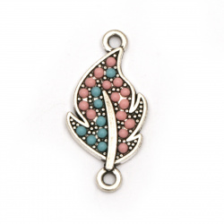 Connecting element, metal leaf with color pebbles 26x12.5x2 mm hole 2 mm color silver - 2 pieces