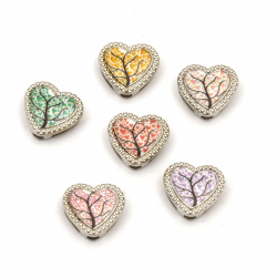 Мънисто метал сърце с дърво цветно 13x12x5 мм дупки 3 и 9 мм цвят сребро -6 броя