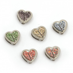 Мънисто метал сърце с дърво цветно 13x12x5 мм дупки 3 и 9 мм цвят сребро -6 броя