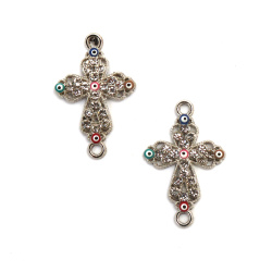 Metal Cross Connector with Rhinestones and Eyes / 27x17x2 mm, Hole: 2 mm / Silver Tone - 2 pieces