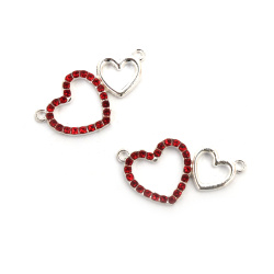 Metal Connector with Red Crystals, Hearts / 28x14 mm, Hole: 1.5 mm / Silver - 2 pieces