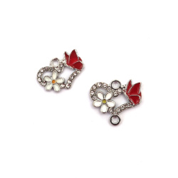 Metal Connector with Crystals,  Heart with Butterfly and White Flower / 18x12x3 mm, Hole: 2 mm / Silver Color - 2 pieces