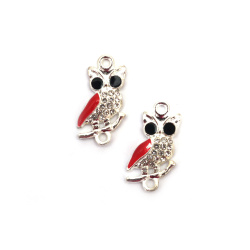 Metal Link Charm with Crystals,  Owl / 25x13x3 mm, Hole: 2 mm /  Silver Color - 2 pieces