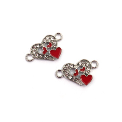 Metal Jewelry Connector with Crystals, Heart / 23x14x3 mm,  Hole: 2 mm / Silver Color - 2 pieces
