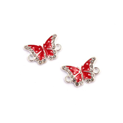 Metal Jewelry Connector with Crystals, Red Butterfly on Dots /  18x12x3 mm, Hole: 1.5 mm / Silver Color - 2 pieces