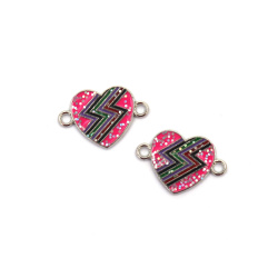 Metal Connecting Element, Pink Heart with Glitter / 21x14x2 mm, Hole: 2 mm / Silver Color - 2 pieces