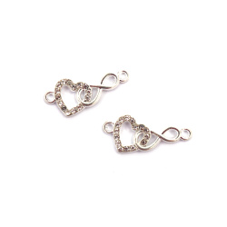 Metal Connecting Element with Crystals, Heart with Infinity Symbol / 26x12x3 mm, Hole: 1.5 mm /  Silver Color - 2 pieces