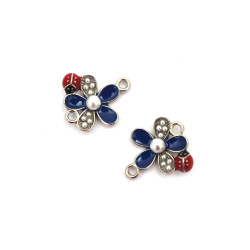 Metal Connecting Element, Blue Flower with Ladybug / 20x18x5 mm, Hole: 2 mm / Silver Color - 2 pieces