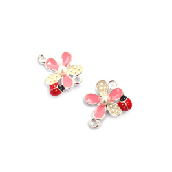 Metal Connecting Element / Pink Flower with Ladybug / 20x18x5 mm, Hole: 2 mm / Silver Color - 2 pieces