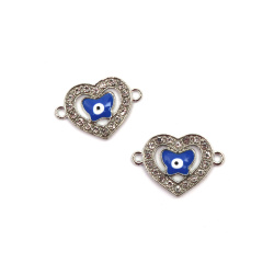 Metal Connecting Element with Crystals, Heart with Blue Eye /  25x17x2 mm, Hole: 2 mm / Silver Color - 2 pieces