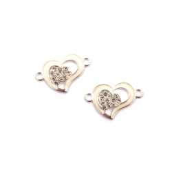 Metal Connecting Element with Crystals, Heart with White Edging /  20x16x3 mm, Hole: 1.5 mm / Silver Color - 2 pieces