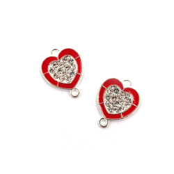 Metal Connecting Element with Crystals, Heart with Red Edging /  20x16x3 mm, Hole: 1.5 mm / Silver Color - 2 pieces