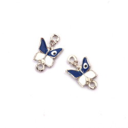 Metal Connecting Element,  Blue-White Butterfly with Eye / 17x10x3 mm, Hole: 1. 5 mm / Silver Color - 2 pieces
