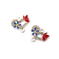 Metal Connector Charms, Double Hole Beads with Crystals Heart with Butterfly and Blue Flower, 18x16x3 mm, Hole: 2 mm, Silver color -2 pieces for Earring, Necklace or Bracelet Making