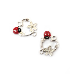 Metal Connector Charms, Double Hole Beads with Crystals Heart with Ladybug and Flower, 20x18x2 mm, Hole: 2 mm, Silver color -2 pieces for Earring, Necklace or Bracelet Making