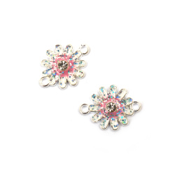 Metal Colorful Flower Connector with Crystals White Flower with Glitter, for Bracelet, Earring & Necklace Jewelry Making, 21x16x3 mm, Hole: 2 mm, Silver color - 2 pieces