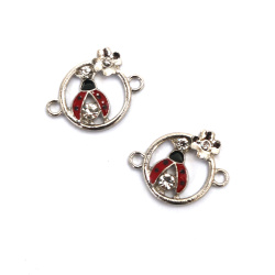 Metal Round Connector with Rhinestones, Ladybug with Flower / 22x18x23 mm, Hole: 2 mm / Silver with Red - 2 pieces