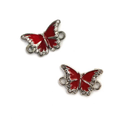 Metal Butterfly Connector with Crystals / 18x12x2 mm, Hole: 1.5 mm / Silver with Red - 2 pieces