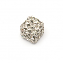 Cube shaped metal bead with sparkling crystals 15 mm hole 1.5 mm color silver