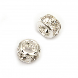 Metal bead with crystals, ball shape for jewelry stringing 11x11x8 mm hole 4.5 mm color silver - 5 pieces