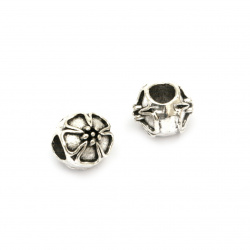 Round Metal Bead with Flower for DIY Jewelry, 10x10 mm, Hole: 5 mm, Silver Color - 5 pieces