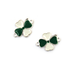 Свързващ елемент метал с кристали детелина бяло и зелено 18x13x2 мм дупка 1.5 мм цвят сребро -5 броя