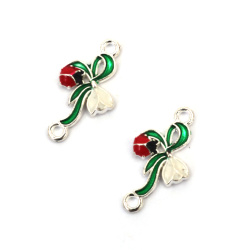 Свързващ елемент метал кокиче с калинка 23x12x2 мм дупка 2 мм цвят сребро -2 броя