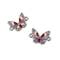 Свързващ елемент метал с кристали цветна пеперуда 21x14x2 мм дупка 2 мм цвят сребро -2 броя