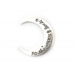 Metal Moon Charm with Inscription, 30x26x3 mm, Hole: 2 mm, Silver - 4 pieces
