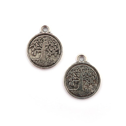 Metal Round Pendant with Tree of Life, 18x15x1.5 mm, Hole: 2 mm,  Silver Color - 2 pieces