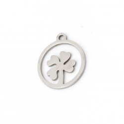 Round pendant with clover steel 17x14.5x1 mm hole 1.5 mm color silver - 2 pieces
