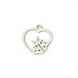 Pendant steel heart with ladybug 16x16x1 mm hole 1.5 mm color silver - 2 pieces