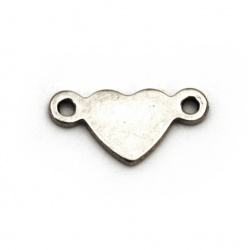 Steel connecting element, flat in heart shape 5x11x1 mm hole 1 mm color silver - 5 pieces