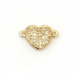 Jewelry component, heart connecting element, forged brass with micro cubic zirconium 10x16x4 mm hole 1 mm color gold