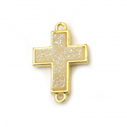 Connecting brass galvanized layer rubber cross 19.5x13.5x4 mm hole 0.8 mm color gold with white arc
