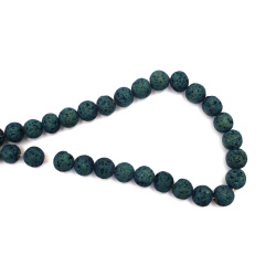 String of Semi-Precious Stone Beads VOLCANIC - LAVA / Galvanized Blue-Green Color / Ball: 10 mm ~ 40 pieces