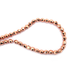 String of Semi-Precious Stone Beads HEMATITE, Non-Magnetic Electroplate / Color: Pink Gold / Faceted Ball: 8 mm, Hole: 1 mm ~ 48 pieces